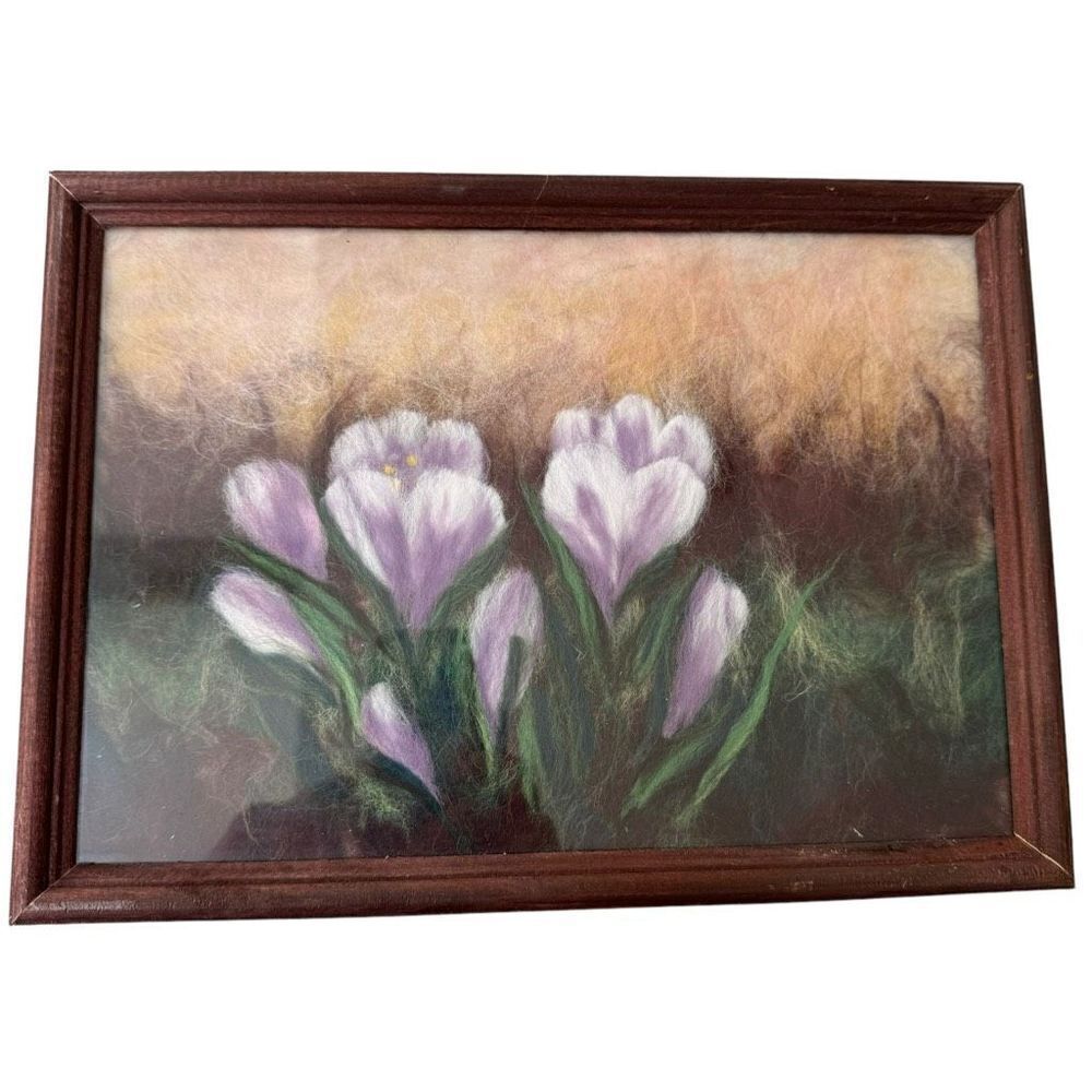 Handmade wool felted art picture crocuses wooden frame 9x12